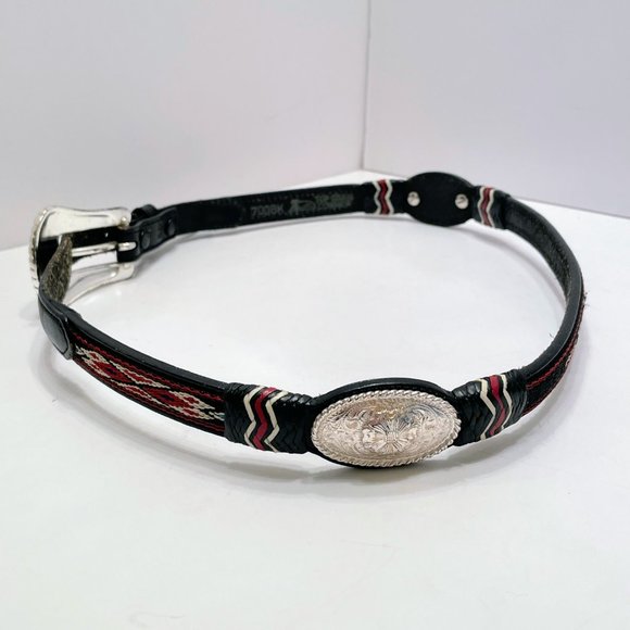Justin Black Leather Thin Belt with Silver Conchos and Southwestern Embroidery main image 7